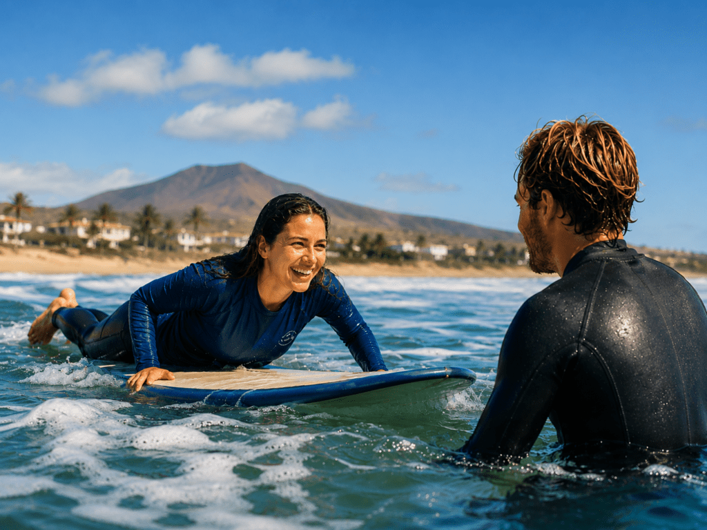 Surfteacher and student in the ocean.