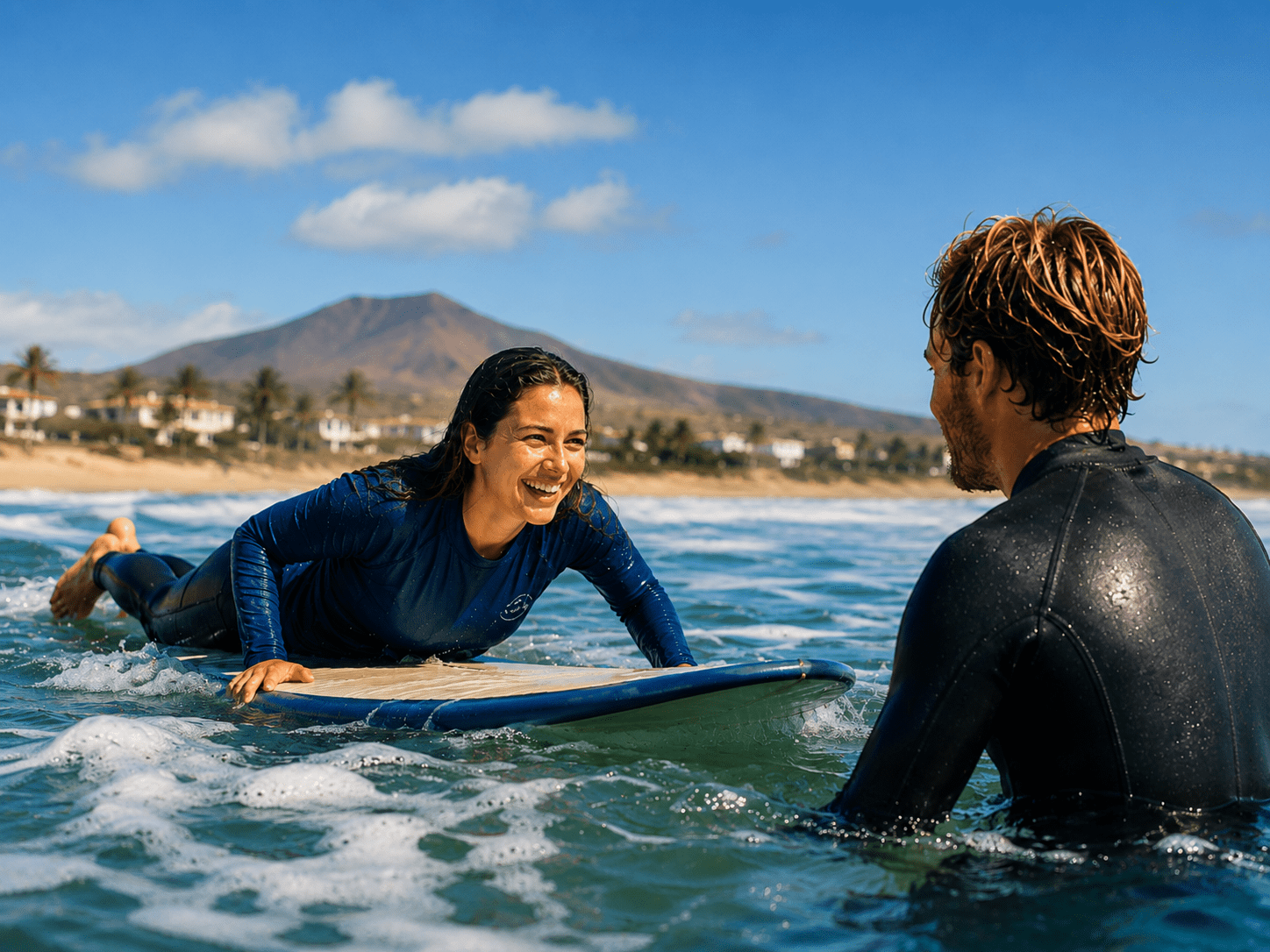 Surfteacher and student in the ocean.