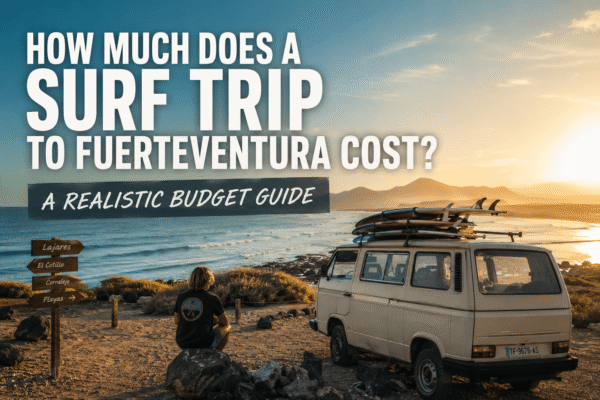 Bus on a beach with text How much does a surf trip to fuerteventura cost