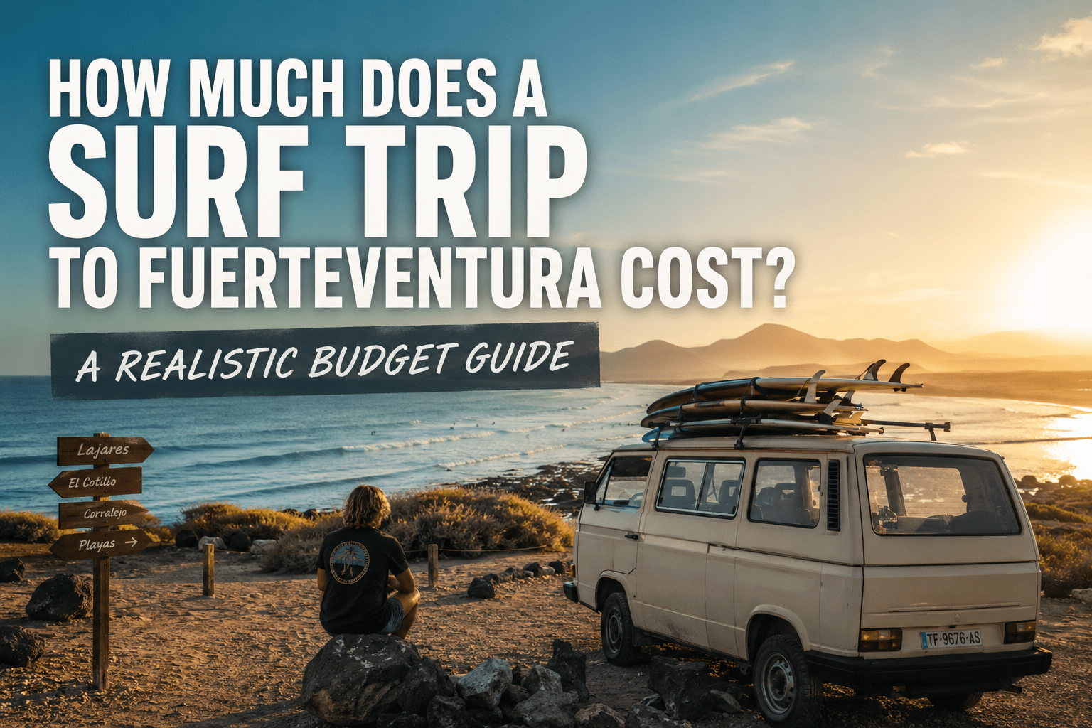 Bus on a beach with text How much does a surf trip to fuerteventura cost